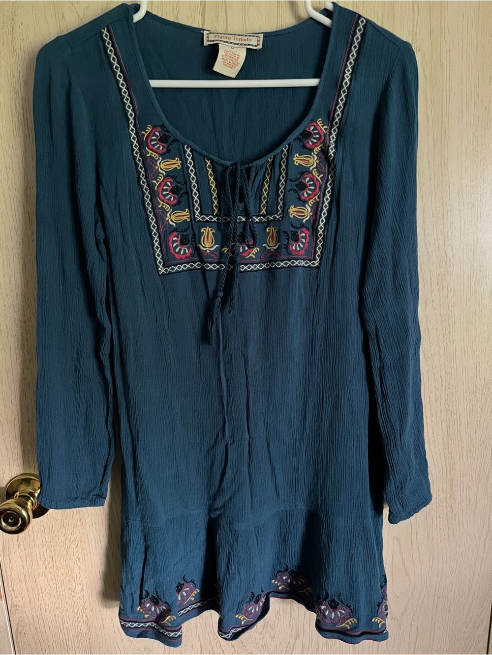 Flying Tomato Teal Embroidered Bohemian Tunic Dress Sz Med